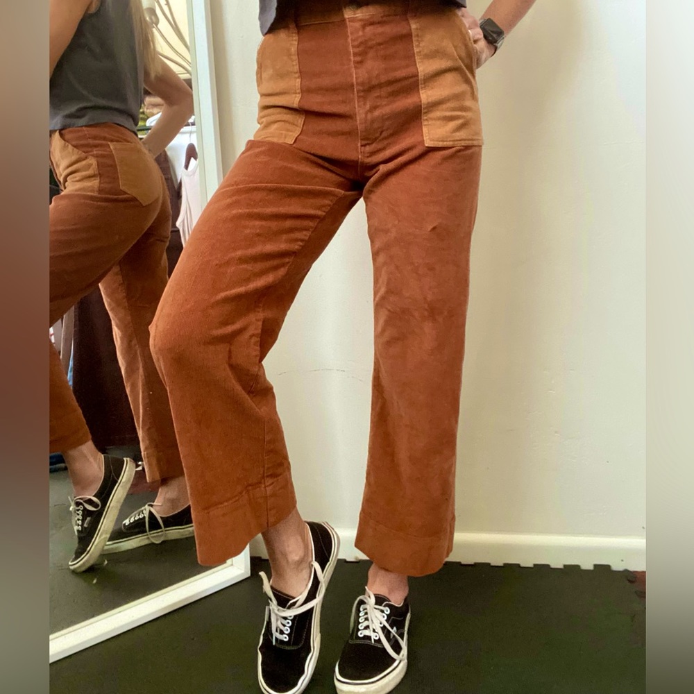 Corduroy High-Waist Patch Front Pants - Brown - Picture 4 of 13
